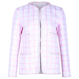 Chanel-Chaqueta de noche a cuadros Chanel en algodón rosa y blanco-Blanco