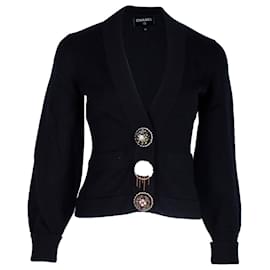 Chanel-Chanel Runway Logo Button V-Neck Cardigan in Black Cashmere-Black