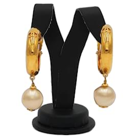 Chanel-Chanel Vintage Coco White Pearl Hoop Earrings-Gold hardware