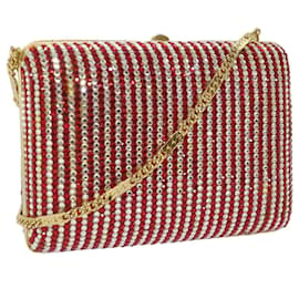 Gucci-GUCCI Rhinestone Chain Shoulder Bag Red Auth 68521A-Red