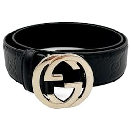 Gucci-Cinturón mediano de cuero con GG entrelazado Negro-Negro