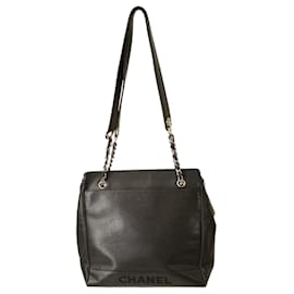 Chanel-CHANEL Vintage Black Caviar Leather large tote bag with silver tone hardware-Black