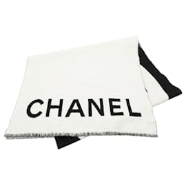 Chanel-Chanel White Logo Cashmere Scarf-Black,White