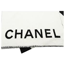 Chanel-Chanel White Logo Cashmere Scarf-Black,White
