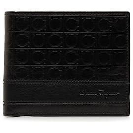 Salvatore Ferragamo-Ferragamo Black Gancini Embossed Leather Bifold Wallet-Black