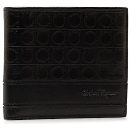 Salvatore Ferragamo-Ferragamo Black Gancini Embossed Leather Bifold Wallet-Black