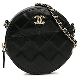 Chanel-Chanel Crossbody redondo em pele de cordeiro preta acolchoada-Preto