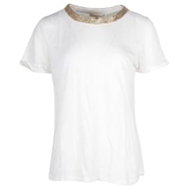 Maje-T-shirt decorata Maje Tellor in lino color crema-Bianco,Crudo