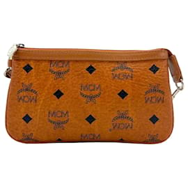 MCM-Funda de cuero MCM Mini Bag en color coñac con logo plateado impreso, bolsa de cosméticos.-Coñac