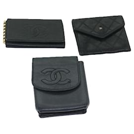 Chanel-CHANEL Key Case Coin Purse Leather 3Set Black CC Auth bs12956-Black