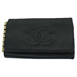 Chanel-CHANEL Schlüsseletui Münzbörse Leder 3Setzen Sie Black CC Auth bs12956-Schwarz