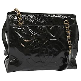 Chanel-CHANEL Bolso de hombro con cadena Esmalte negro CC Auth bs12655-Negro
