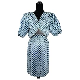 Yves Saint Laurent Costume vintage bleu clair avec des fleurs pour cérémonie YSL 1991 Blanc Bleu