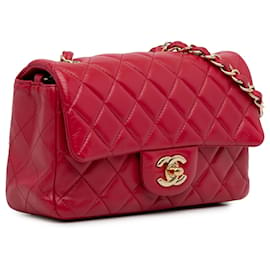 Chanel-Chanel vermelho mini clássico aba única retangular de pele de cordeiro-Vermelho