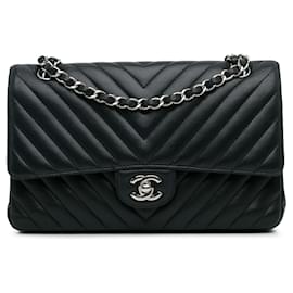 Chanel-Chanel Aba preta média com forro de pele de cordeiro Chevron-Preto