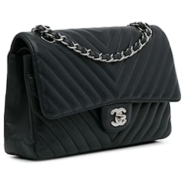Chanel-Chanel Aba preta média com forro de pele de cordeiro Chevron-Preto