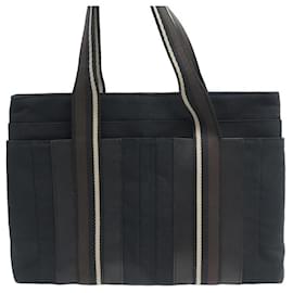 Hermès-HERMES TROCA MM CABAS HAND BAG IN CANVAS & BLACK LEATHER TOTE TOTE HAND BAG-Black
