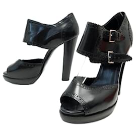 Hermès-HERMES SHOES SANDALS WITH BUCKLES WITH HEELS 39 BLACK LEATHER + SHOES BOX-Black