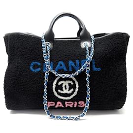 Chanel-SAC A MAIN CHANEL DEAUVILLE TOTE LARGE CUIR ET MOUTON NOIR SHEEP HANDBAG-Noir