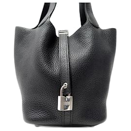 Hermès-NEW HERMES PICOTIN HANDBAG 18 IN BLACK TAURILLON CLEMENCE LEATHER HAND BAG PURSE-Black
