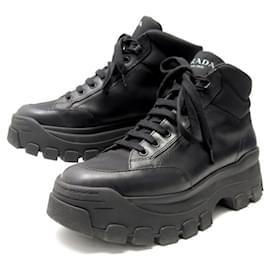Prada-Prada shoes 2size155 Sneakers 9.5 43.5 CANVAS & BLACK LEATHER + SNEAKERS BOX-Black