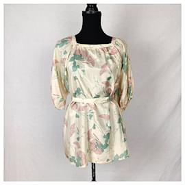 Cacharel-Camisa de seda vintage de flores de los años 70 de Cacharel.-Blanco roto
