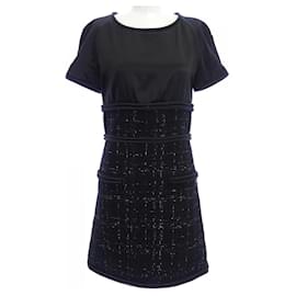 Chanel-Logo Ribbon Tweed Black Dress-Black