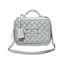 Chanel-Chanel Filigree Vanity Case Quilted Caviar Gold-tone Bag-Silvery
