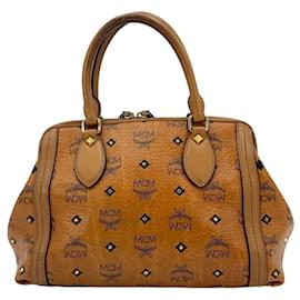 MCM-MCM Rivet Handle Bag Cognac Small Studded Bag Logo Purse Handbag-Cognac