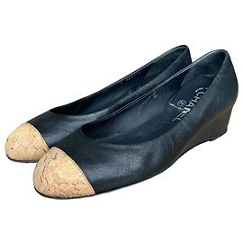 Chanel Black Leather Cork Cap Toe Wedge Pumps Size 38 Black