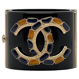 Bracciale manchette Chanel CC oro e metallo nero Blu scuro