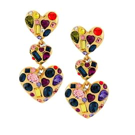 Oscar de la Renta-Orecchini a lampadario con cuore in pietre preziose e cristalli dorati di OSCAR DE LA RENTA-Multicolore