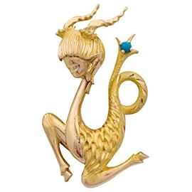 inconnue-Vintage brooch "Capricorn", Yellow gold, turquoise.-Other