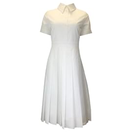 Autre Marque-Duncan White Pleated Short Sleeved Button-down Cotton Shirt Dress-White