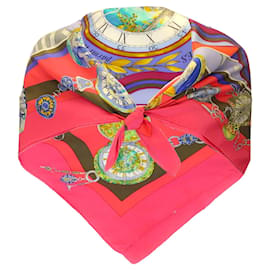 Autre Marque-Hermes Fucsia Rosa / Bufanda cuadrada de sarga de seda roja multicolor La Ronde des Heures-Multicolor