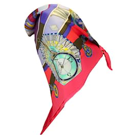 Autre Marque-Hermes Fucsia Rosa / Bufanda cuadrada de sarga de seda roja multicolor La Ronde des Heures-Multicolor