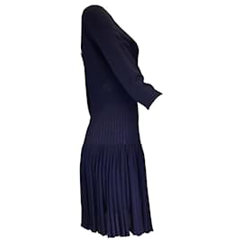 Autre Marque-Alaia Navy Blue Pleated Three-Quarter Sleeved Viscose Knit Dress-Blue