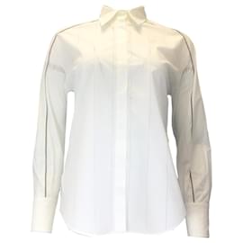 Autre Marque-Brunello Cucinelli Blanc / Chemise boutonnée en coton argentée à détails perlés Monili-Blanc