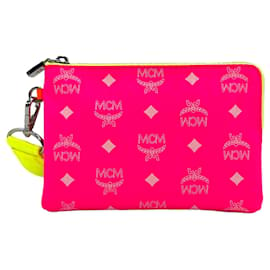 MCM-Astuccio MCM, pochette, trousse da trucco, rosa neon, arancione, borsa, stampa del logo, clutch, pochette.-Rosa