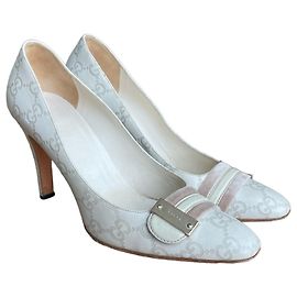 Gucci Off White Leather GG Monogram Web Heels White