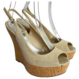 Gucci Beige Suede Slingback Cork Wedge Sandals Beige
