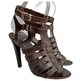 Balenciaga Dark Brown Leather Gladiator Strappy Sandals Brown