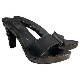 Yves Saint Laurent Black Leather Platform Wood Clog Mules Black