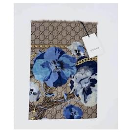Gucci-Gucci stole scarf GG Supreme flower print-Brown,Blue