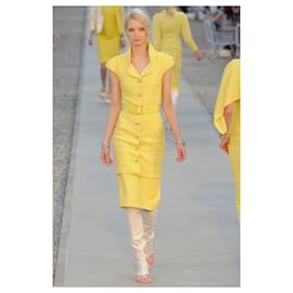 Chanel-Runway Belted Ribbon Tweed Dress-Yellow