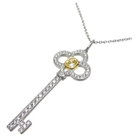Tiffany & Co-Platinum Diamond Crown Key Pendant Necklace-Silvery