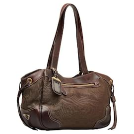 Prada-Canapa & Leather Logo Shoulder Bag-Brown