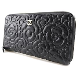 Chanel-CC Camellia Embossed Zip Around Wallet-Black