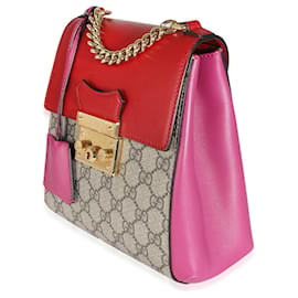 Gucci-Gucci Multicolor Calfskin Beige GG Supreme Canvas Padlock Backpack-Pink,Red,Beige