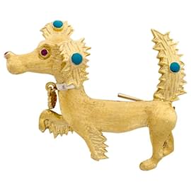 inconnue-Vintage two-gold “Dog” brooch, ruby, turquoise.-Other